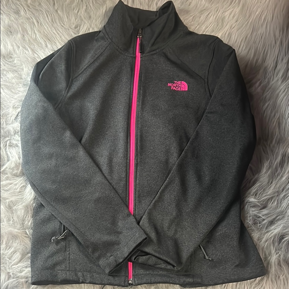 The North Face Gray and Pink Ski Jacket with Stand-Up Collar